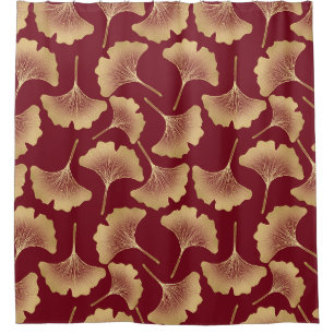 Gold Ginkgo Leaf Pattern in Burgundy for Botanical Shower Curtain