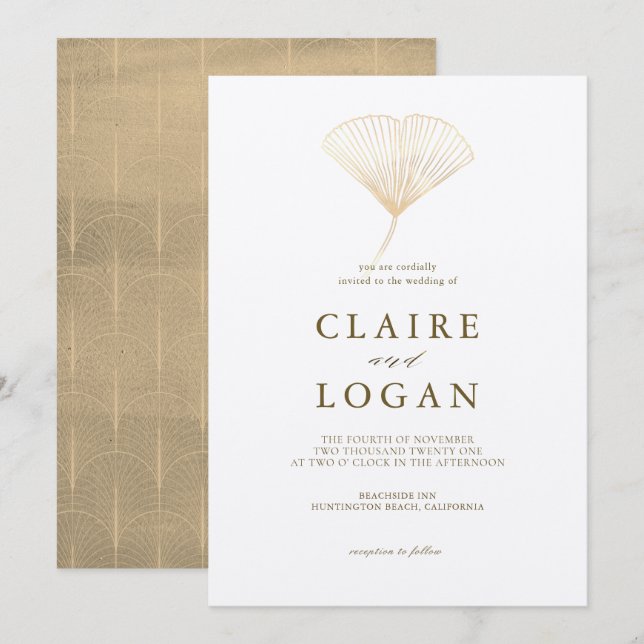 Gold Ginkgo Leaf White Wedding Invitation (Front/Back)