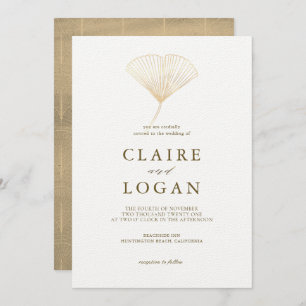 Gold Ginkgo Leaf White Wedding Invitation