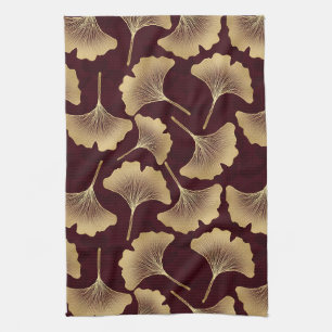 Gold Ginkgo Leaves Burgundy Botanical Pattern Kitchen Towel