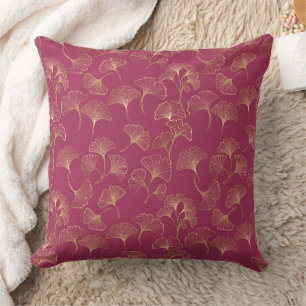 Gold Ginkgo Leaves Burgundy Luxury Botanical Throw Pillow