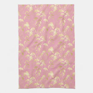 Gold Ginkgo Leaves on Blush Pink Botanical Pattern Kitchen Towel