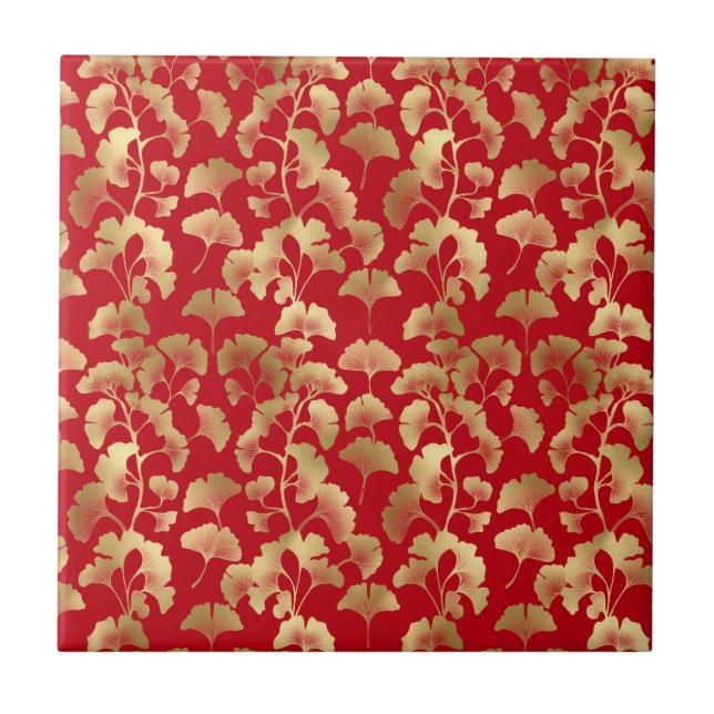 Gold Ginkgo Leaves on Red Elegant Botanical (5) Ceramic Tile (Front)