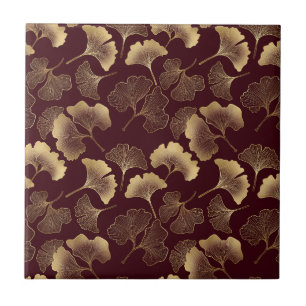 Gold Ginkgo Leaves on Red Elegant Botanical Ceramic Tile