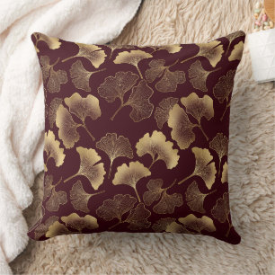 Gold Ginkgo Leaves on Red Elegant Botanical Throw Pillow