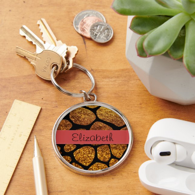 Gold Giraffe, Gold Glitter, Jungle, Your Name Keychain (Desk)
