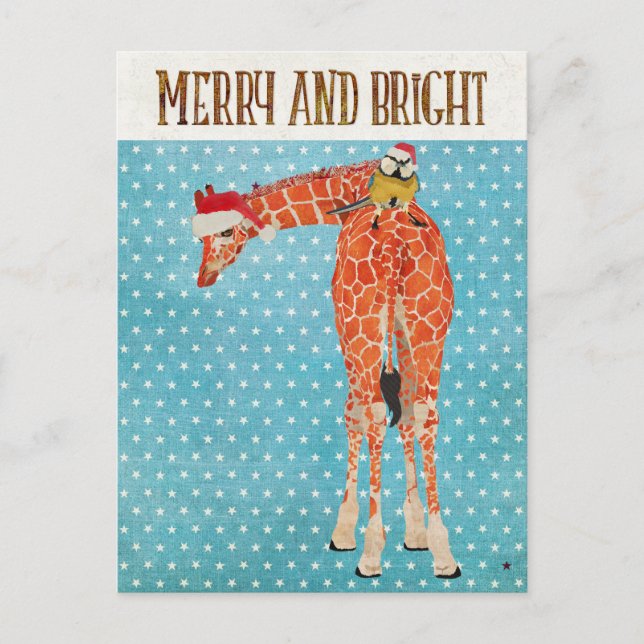 Gold Giraffe & Little Bird Christmas Postcard (Front)