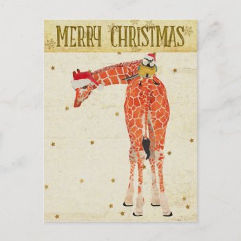 Gold Giraffe & Little Bird Christmas Postcard by NicoleKing at Zazzle