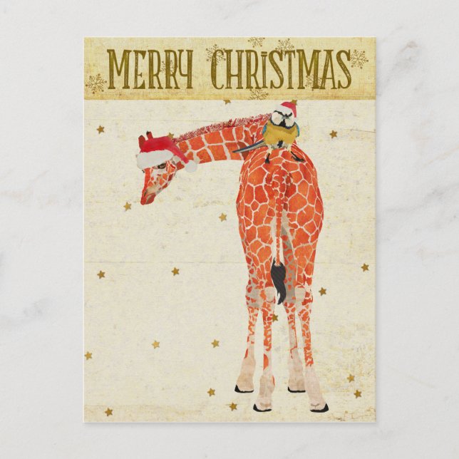 Gold Giraffe & Little Bird Christmas Postcard (Front)