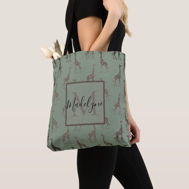 Gold Giraffe on Sage Green Monogram Tote Bag (Close Up)