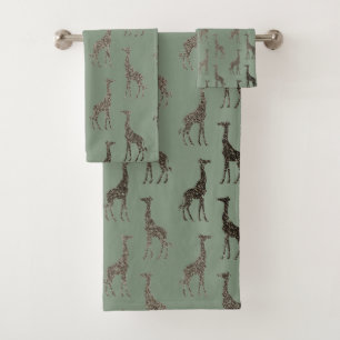 Gold Giraffe on Sage Green Towel Set