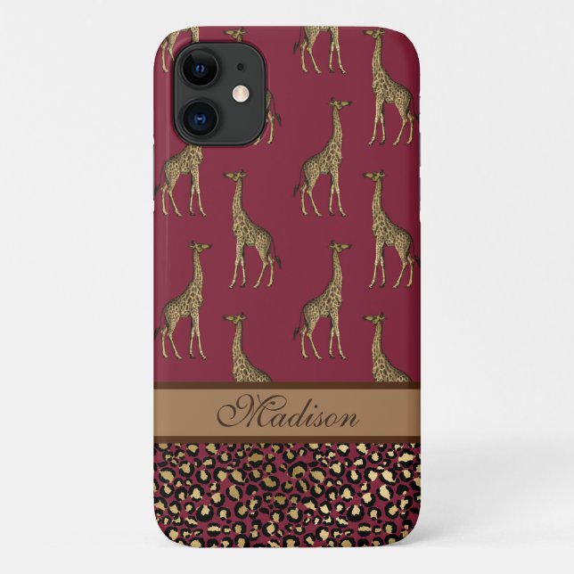 Gold Giraffe Stylish Burgundy Stylish Script Case-Mate iPhone Case (Back)
