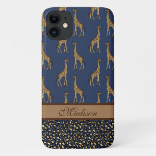 Gold Giraffe Stylish Navy Blue Stylish Script iPhone 11 Case