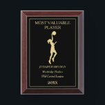 Gold Girl Basketball Player MVP Award Plaque<br><div class="desc">This basketball Most Valuable Player award plaque features a gold girl basketball player.  Above and below the player image are text fields for you to customize,  also in gold. Everything is placed on a dramatic black background.</div>