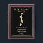 Gold Girl Basketball Player MVP Award Plaque<br><div class="desc">This basketball Most Valuable Player award plaque features a gold girl basketball player.  Above and below the player image are text fields for you to customize,  also in gold. Everything is placed on a dramatic black background.</div>