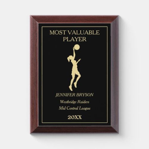 Gold Girl Basketball Player MVP Award Plaque
