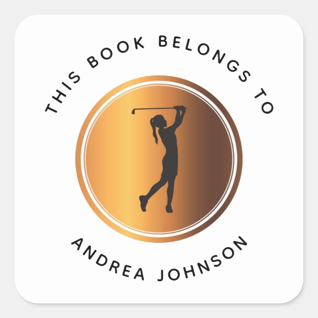 Gold Girl Golfer Silhouette Kids School Bookplate  (Front)