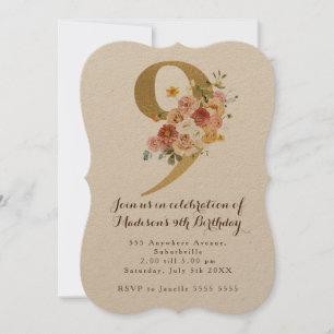 Gold Girls Floral 9th Birthday Party Invite