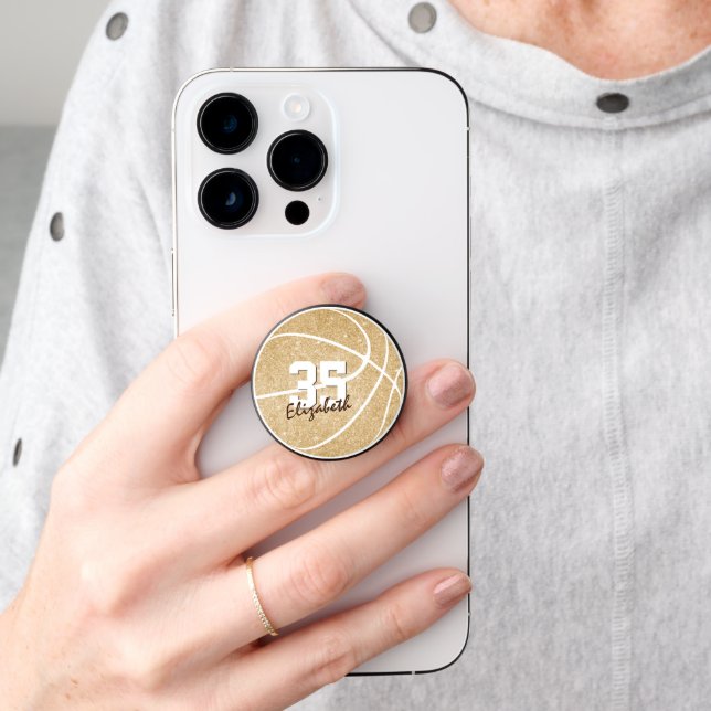 Gold girly basketball w name jersey number PopSocket (Hand)