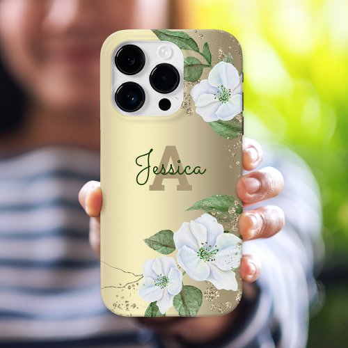 Gold Girly Floral Watercolor Glam Monogram Script iPhone 15 Pro Case