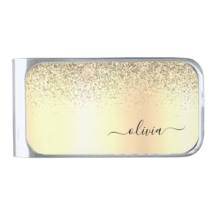 Gold Girly Glitter Metal Monogram Name Silver Finish Money Clip