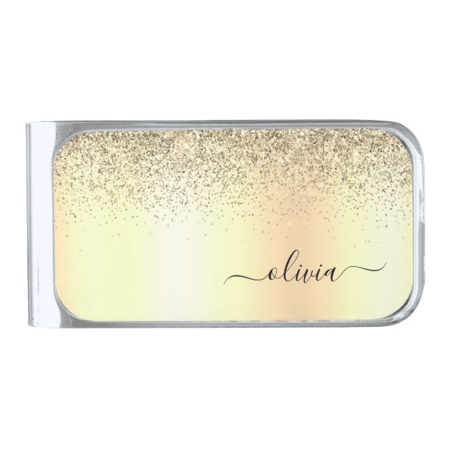Gold Girly Glitter Metal Monogram Name Silver Finish Money Clip (Front)