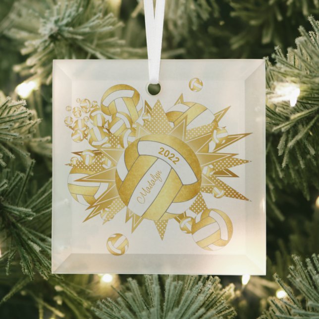 gold girly volleyballs and stars glass ornament (Insitu)