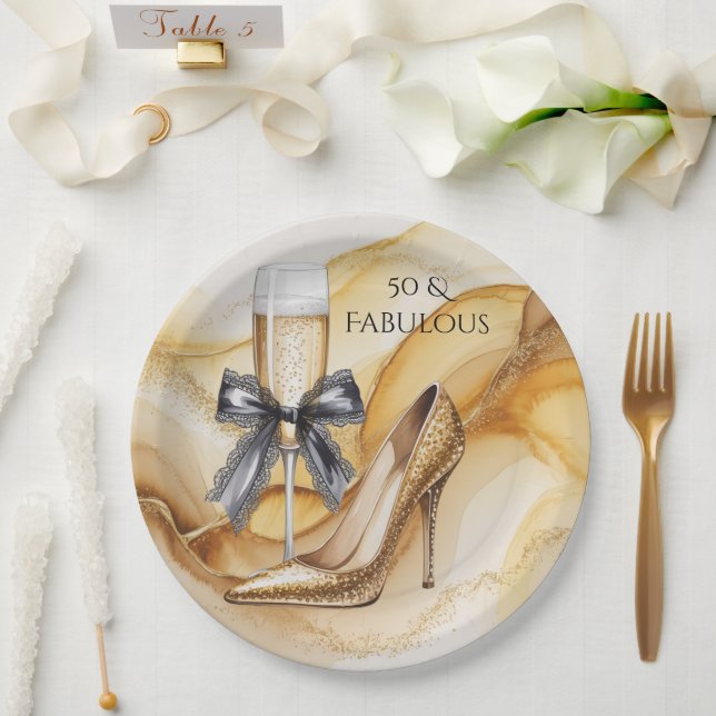Gold Gitter High Heel 50 & Fabulous Birthday Party Paper Plates (Wedding)