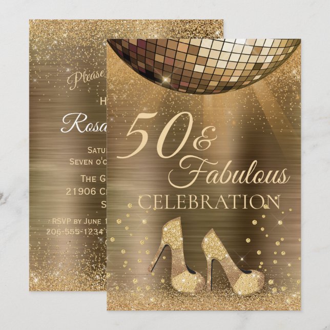 Gold Glam 50 and Fabulous Disco Ball Chocolate Invitation (Front/Back)