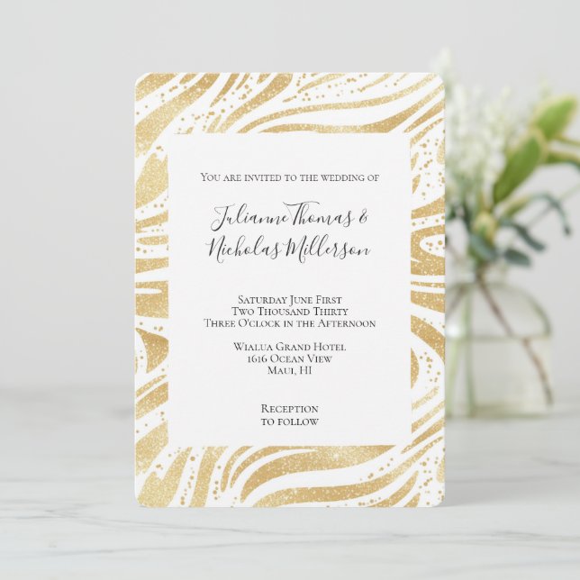 Gold Glam Abstract Swirls Wedding Invitation (Standing Front)