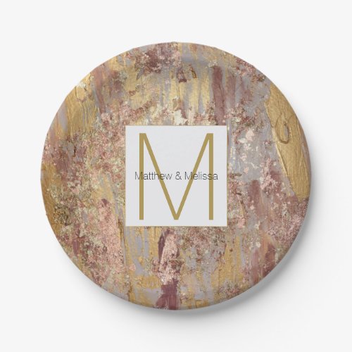 Gold Glam Abstract Wedding Monogram Paper Plates