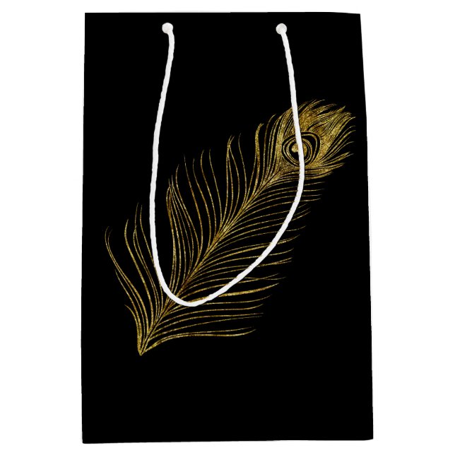 Gold Glam and Black Peacock Feather Medium Gift Bag (Front)