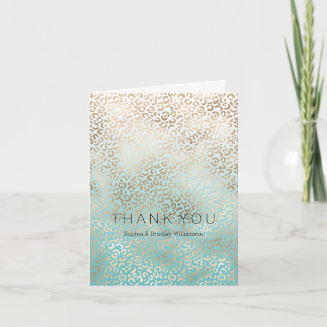 Gold Glam Aqua Ombre Leopard Print Thank you Card (Front)