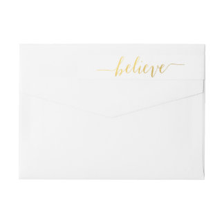 Gold Glam Believe Holiday Photo Return Address Wrap Around Label