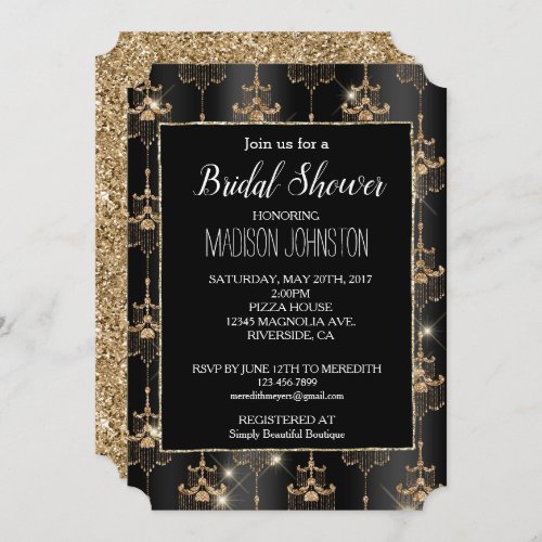 Gold Glam Black Chandeliers Invitation