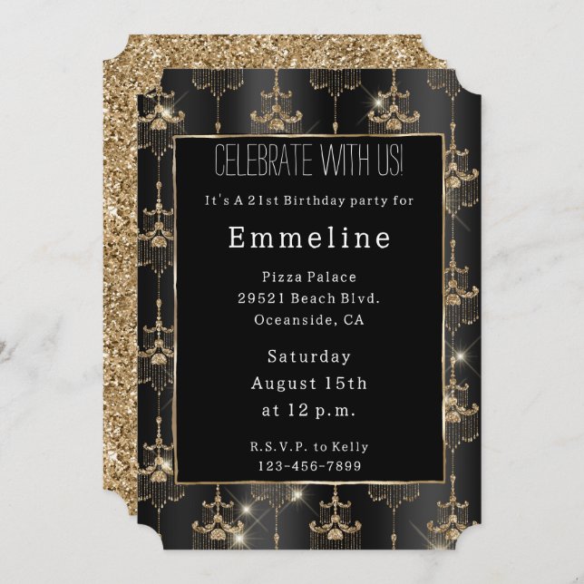 Gold Glam Black Chandeliers Invitation (Front/Back)