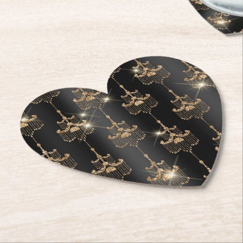Gold Glam Black Chandeliers Paper Coaster