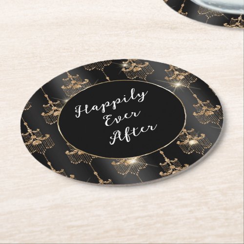 Gold Glam Black Chandeliers Round Paper Coaster