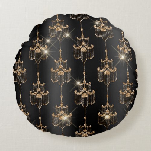Gold Glam Black Chandeliers Round Pillow