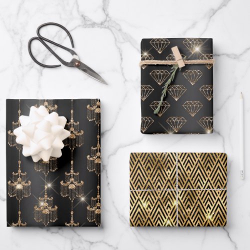 Gold Glam Black Chandeliers Wrapping Paper Sheets