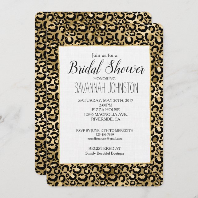 Gold Glam Black Leopard Print Bridal Shower Invitation (Front/Back)