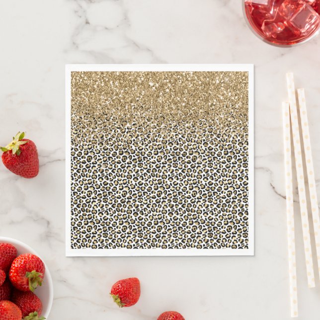 Gold Glam Black Leopard Print Glitter Sparkle Napkins (Insitu)