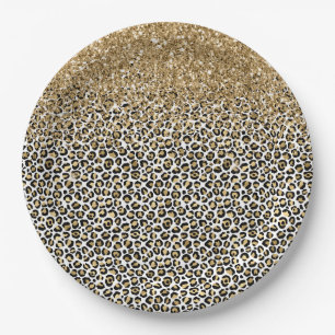 Gold Glam Black Leopard Print Glitter Sparkle Paper Plates