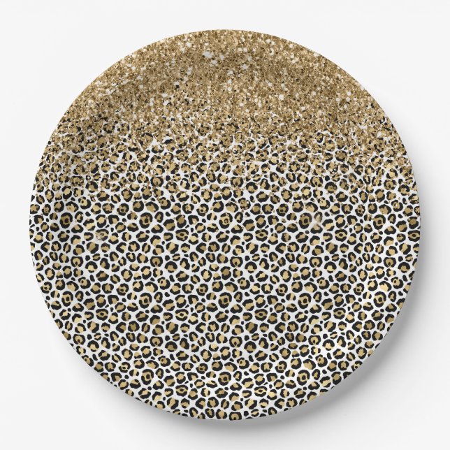 Gold Glam Black Leopard Print Glitter Sparkle Paper Plates (Front)