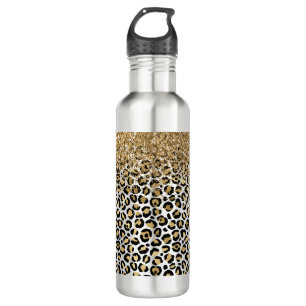 Gold Glam Black Leopard Print Glitter Sparkle Stainless Steel Water Bottle