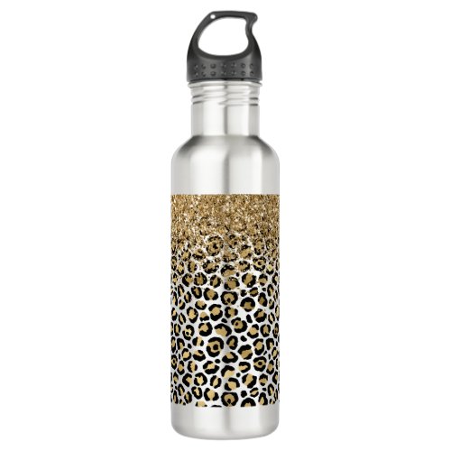 Gold Glam Black Leopard Print Glitter Sparkle Stainless Steel Water Bottle