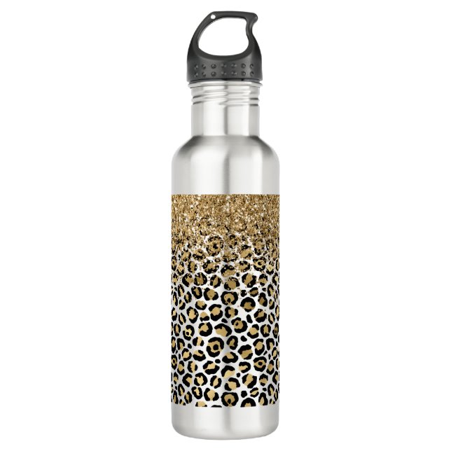 Gold Glam Black Leopard Print Glitter Sparkle Stainless Steel Water Bottle (Front)