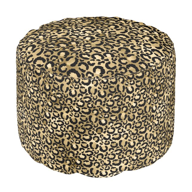 Gold Glam Black Leopard Print Pouf (Angled Front)