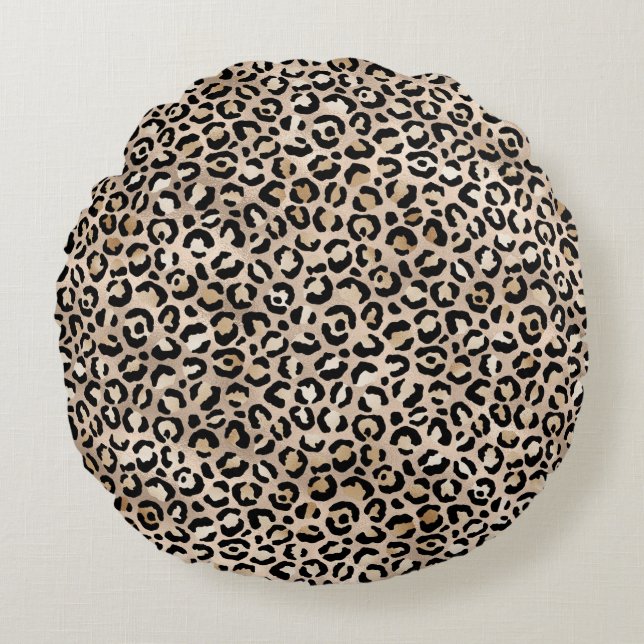 Gold Glam Black Leopard Print Round Pillow (Front)