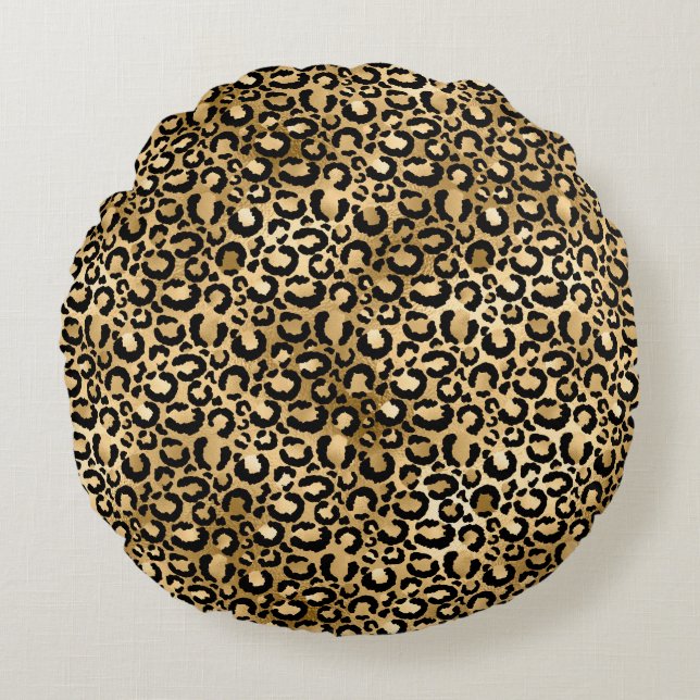 Gold Glam Black Leopard Print Round Pillow (Front)
